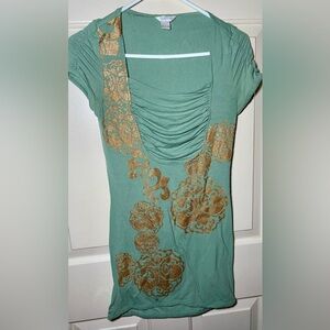 Y2K 2000s House of Dereon Beyonce Green Graphic Cutout Back Short Sleeve‎ Top M